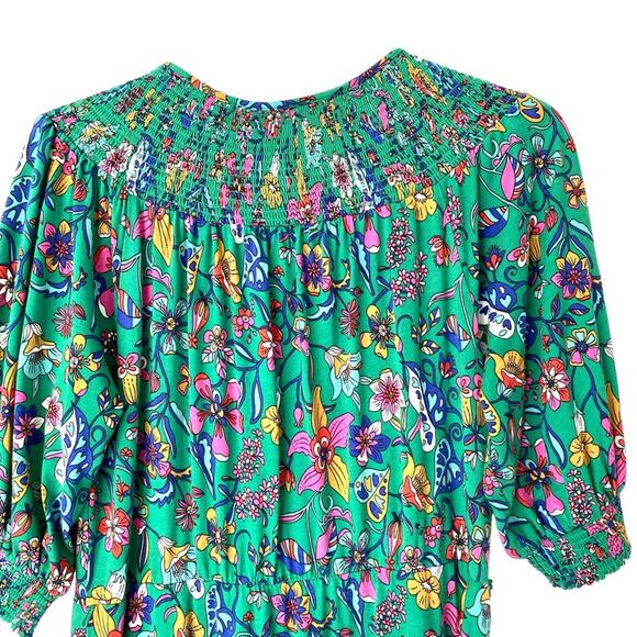 Boden Smocked Neck Jersey Midi Dress Highland Green Floral size 8 No Belt - Picture 11 of 13